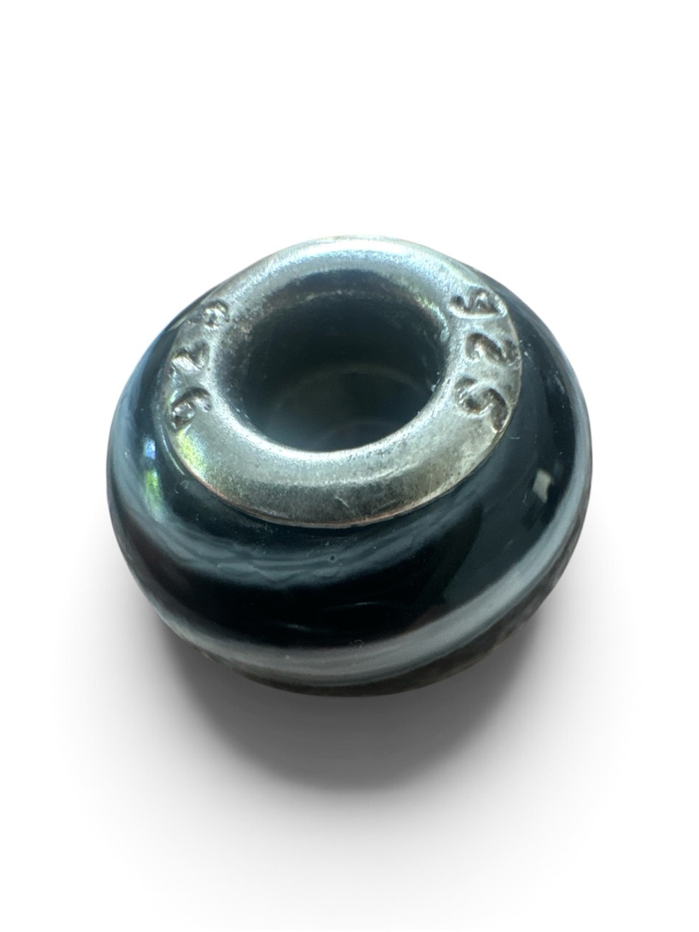 Black Murano Glass Charm Bead, Authentic 925 Sterling Silver Core Fits Pandora